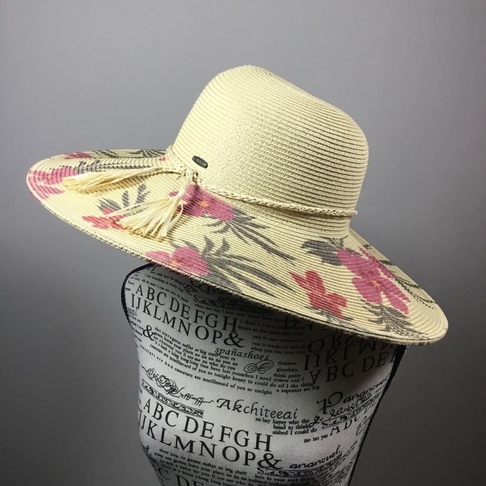 Karen Keith pink hibiscus pattern hat wide brim plaited rim detail 17 1/2” rim - Picture 5 of 8